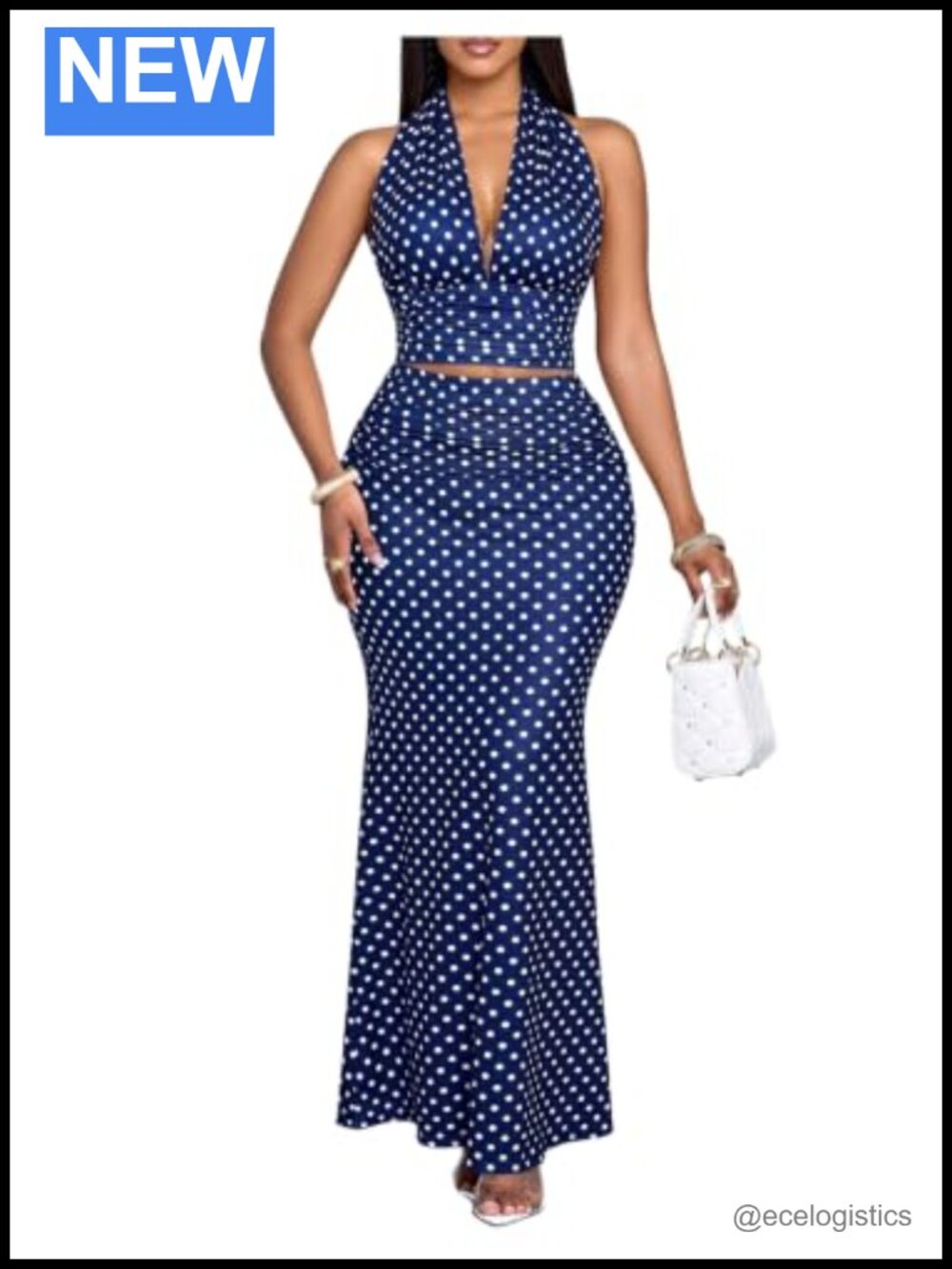 Women's 2 Piece Halter Crop Top & Maxi Skirt Set Polka Dot Party Outfit